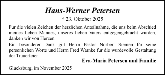 Traueranzeige von Hans-Werner Petersen von Flensburger Tageblatt