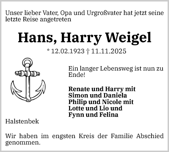 Traueranzeige von Hans Harry Weigel von Region Pinneberg und tip Pinneberg