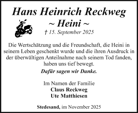 Traueranzeige von Hans Heinrich Reckweg von Husumer Nachrichten, Nordfriesland Tageblatt