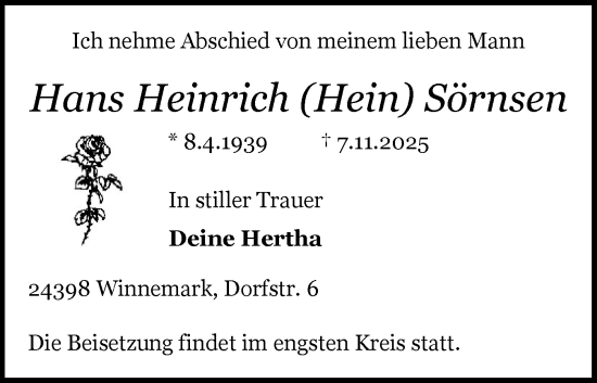 Traueranzeige von Hans Heinrich Sörnsen von Schleswiger Nachrichten, Schlei-Bote