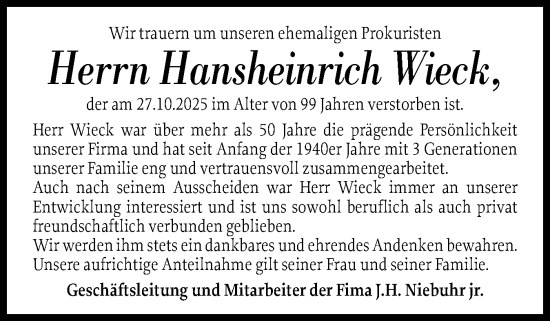 Traueranzeige von Hansheinrich Wieck von Elmshorner Nachrichten, Barmstedter Zeitung