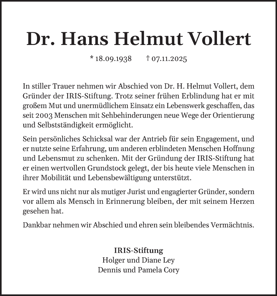  Traueranzeige für Hans Helmut Vollert vom 15.11.2025 aus Schleswiger Nachrichten, Schlei-Bote
