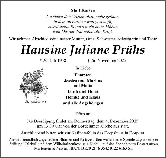 Traueranzeige von Hansine Juliane Prühs von Husumer Nachrichten, Nordfriesland Tageblatt