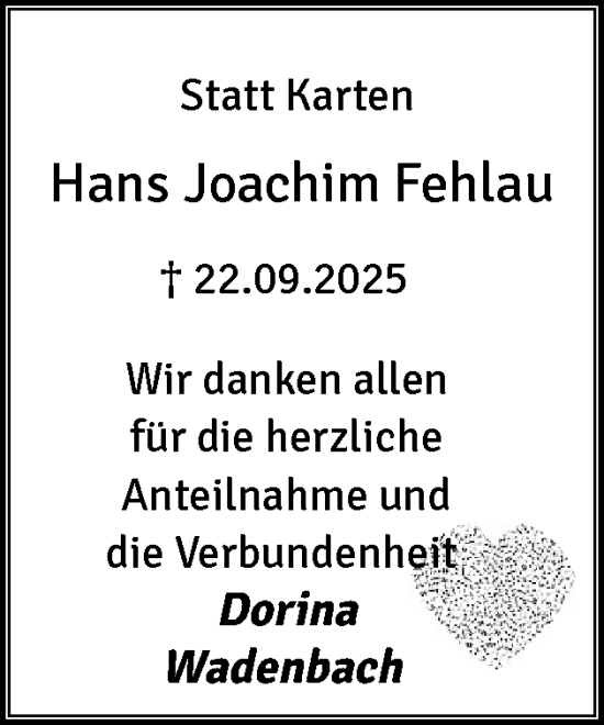 Traueranzeige von Hans Joachim Fehlau von Eckernförder Zeitung, Hallo Eckernförde