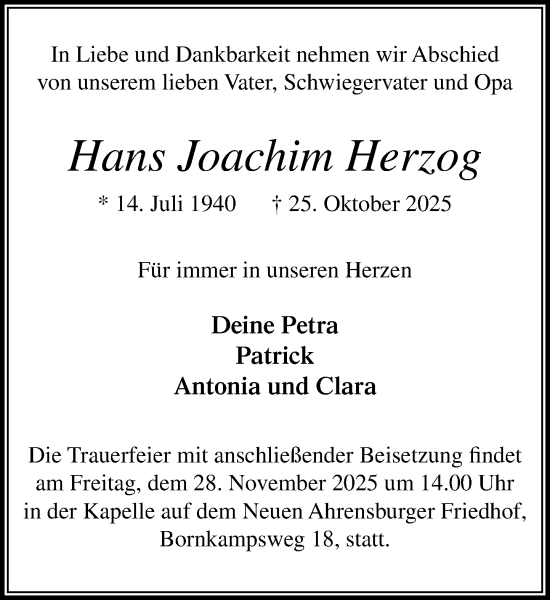 Traueranzeige von Hans Joachim Herzog von MARKT Ahrensburg/Bargteheide/Trittau und Stormarner Tageblatt