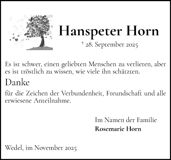 Traueranzeige von Hanspeter Horn von Wedel-Schulauer Tageblatt, tip Wedel-Schulauer Tageblatt, tip Rissener Rundschau