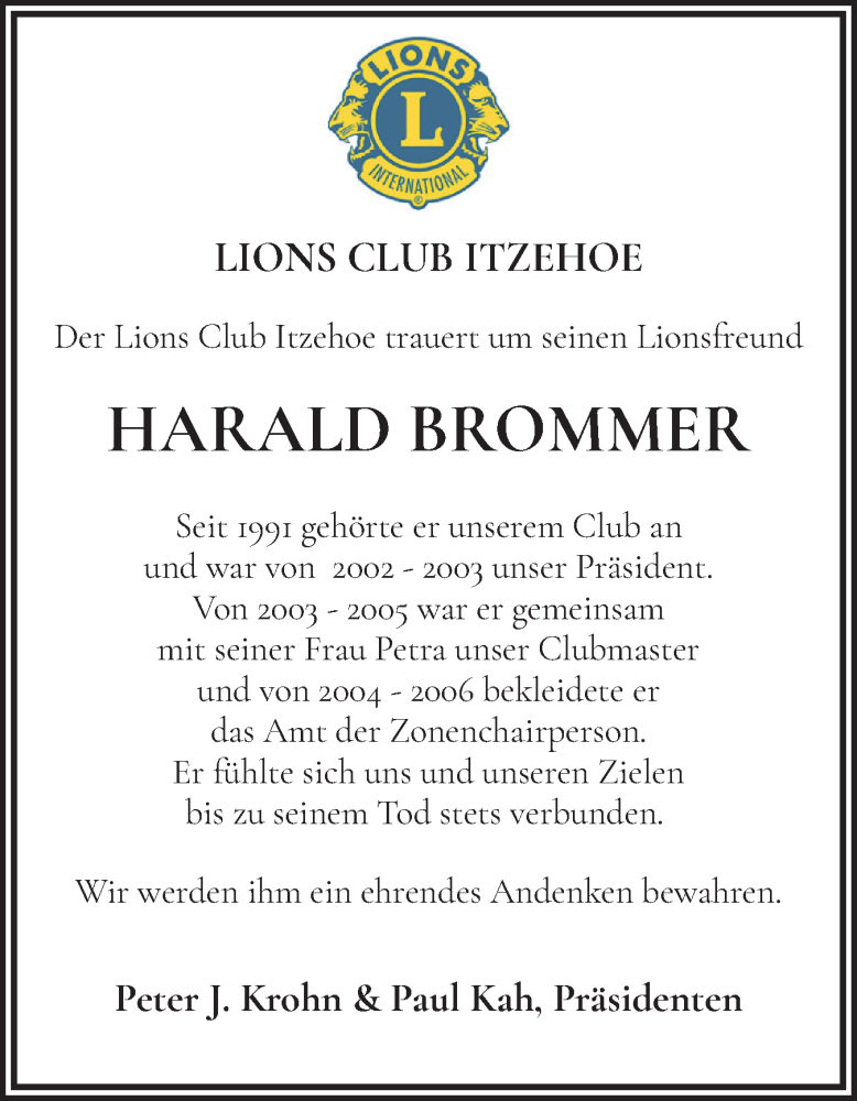  Traueranzeige für Harald Brommer vom 22.11.2025 aus Norddeutsche Rundschau, Wilstersche Zeitung, Glückstädter Fortuna