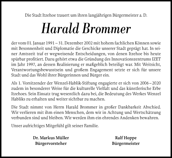 Traueranzeige von Harald Brommer von Norddeutsche Rundschau, Wilstersche Zeitung, Glückstädter Fortuna