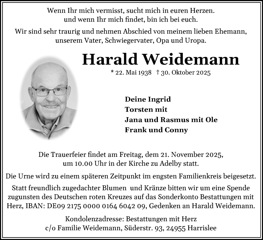  Traueranzeige für Harald Weidemann vom 08.11.2025 aus Flensburger Tageblatt