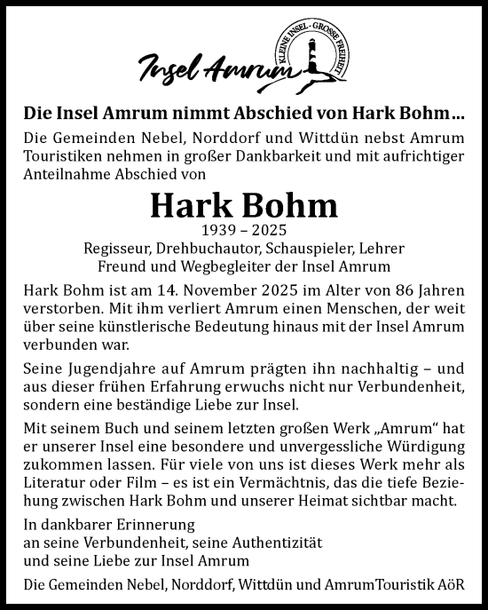 Traueranzeige von Hark Bohm von Der Insel-Bote