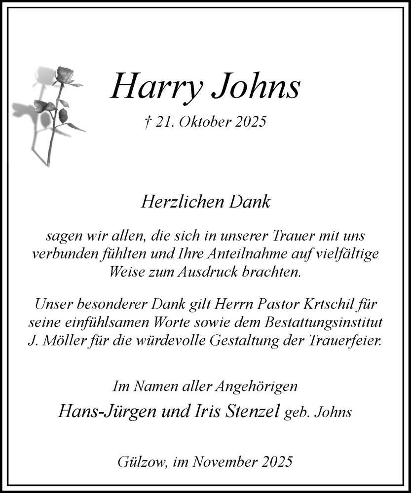  Traueranzeige für Harry Johns vom 29.11.2025 aus Wochenend Anzeiger