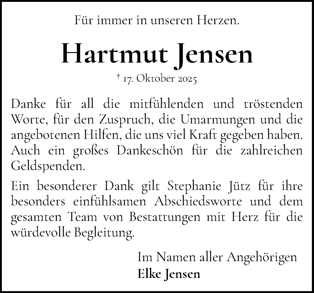  Traueranzeige für Hartmut Jensen vom 22.11.2025 aus Flensburger Tageblatt