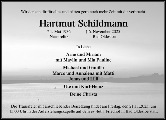 Traueranzeige von Hartmut Schildmann von MARKT Bad Oldesloe/Reinfeld, MARKT Ahrensburg/Bargteheide/Trittau und Stormarner Tageblatt