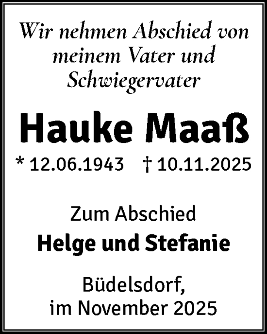Traueranzeige von Hauke Maaß von Schleswig-Holsteinische Landeszeitung