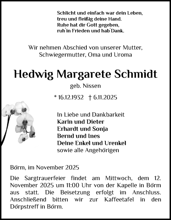 Traueranzeige von Hedwig Margarete Schmidt von Schleswig-Holsteinische Landeszeitung