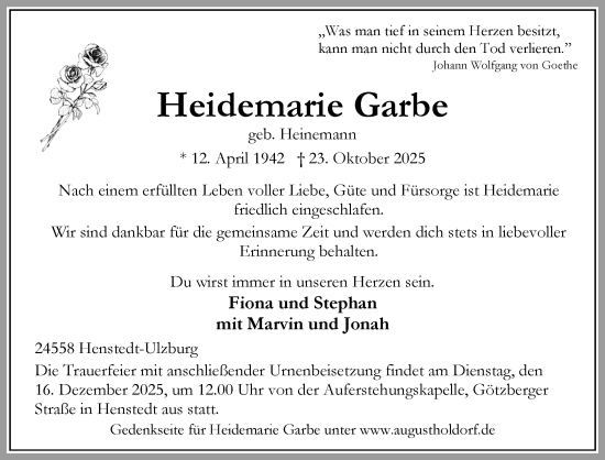 Traueranzeige von Heidemarie Garbe von Umschau