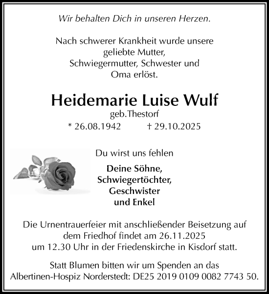 Traueranzeige von Heidemarie Luise Wulf von Umschau