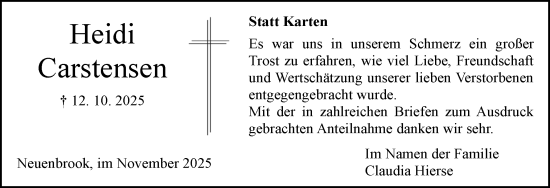 Traueranzeige von Heidi Carstensen von Norddeutsche Rundschau, Wilstersche Zeitung, Glückstädter Fortuna