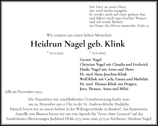 Traueranzeige von Heidrun Nagel von Schleswiger Nachrichten, Schlei-Bote