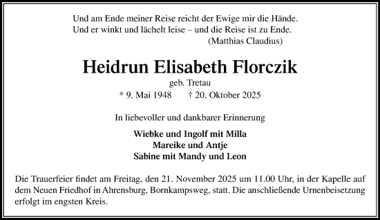 Traueranzeige von Heidrun Elisabeth Florczik von MARKT Ahrensburg/Bargteheide/Trittau und Stormarner Tageblatt