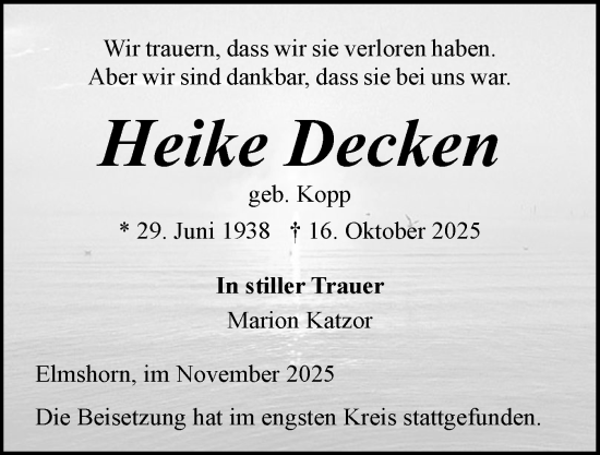 Traueranzeige von Heike Decken von Elmshorner Nachrichten, Barmstedter Zeitung