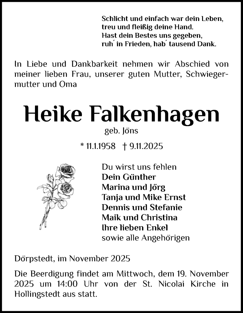  Traueranzeige für Heike Falkenhagen vom 14.11.2025 aus Schleswiger Nachrichten, Schlei-Bote