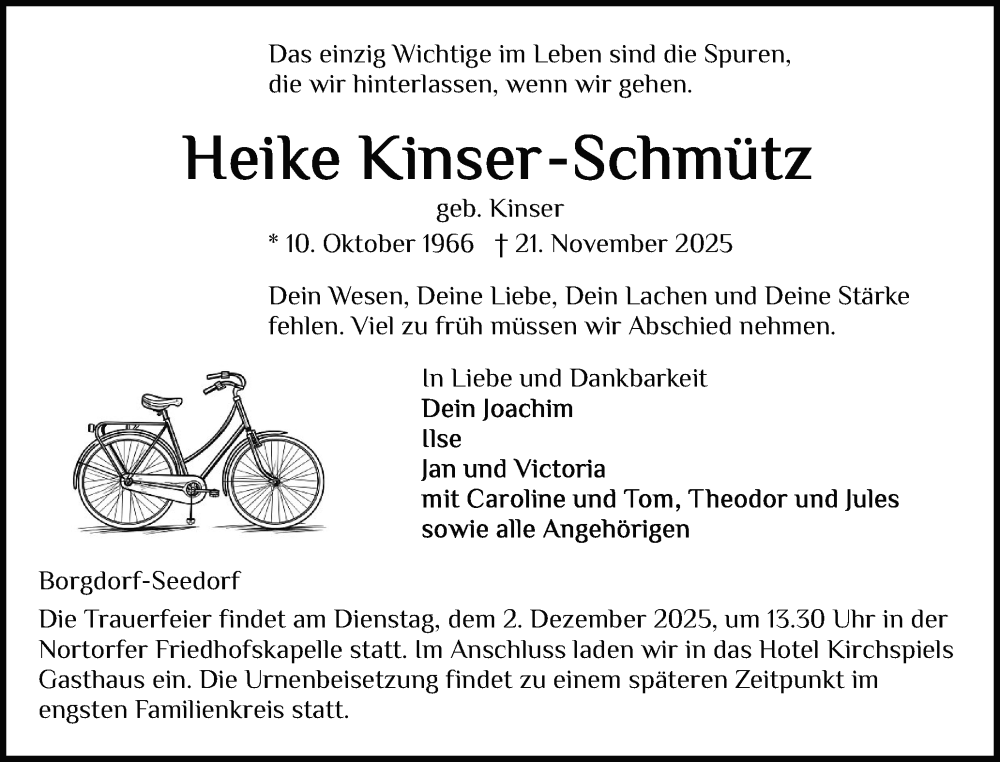  Traueranzeige für Heike Kinser-Schmitz vom 29.11.2025 aus Schleswig-Holsteinische Landeszeitung