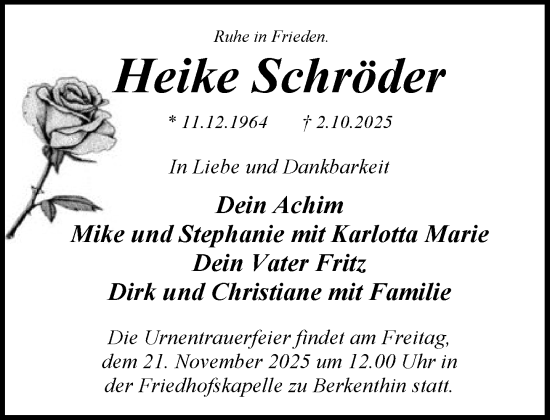 Traueranzeige von Heike Schröder von MARKT Ratzeburg/Mölln