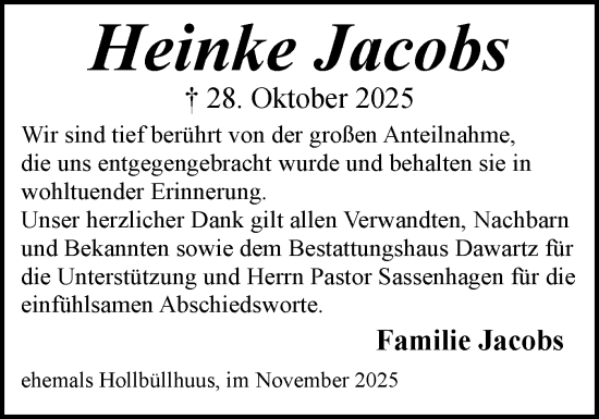 Traueranzeige von Heinke Jacobs von Husumer Nachrichten, Nordfriesland Tageblatt