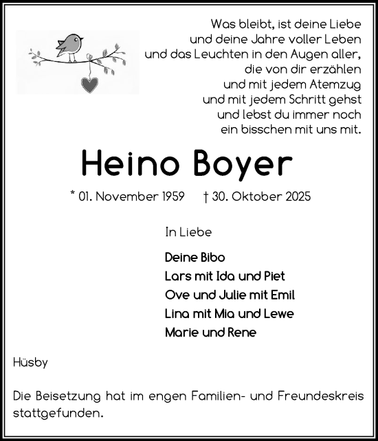Traueranzeige von Heino Boyer von Schleswiger Nachrichten, Schlei-Bote