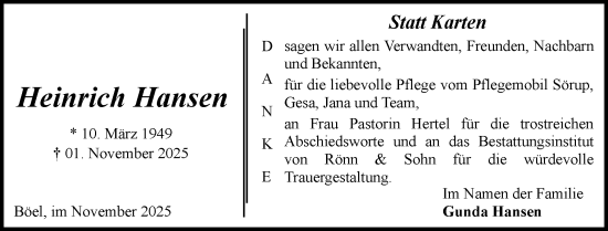 Traueranzeige von Heinrich Hansen von Flensburger Tageblatt, Schleswiger Nachrichten, Schlei-Bote