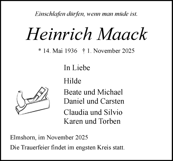 Traueranzeige von Heinrich Maack von Elmshorner Nachrichten, Barmstedter Zeitung