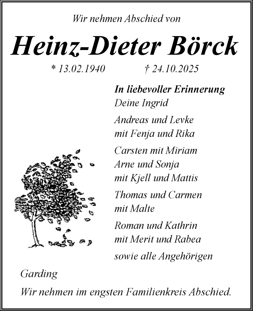  Traueranzeige für Heinz-Dieter Börck vom 08.11.2025 aus Husumer Nachrichten, Nordfriesland Tageblatt