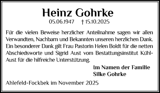 Traueranzeige von Heinz Gohrke von Schleswig-Holsteinische Landeszeitung