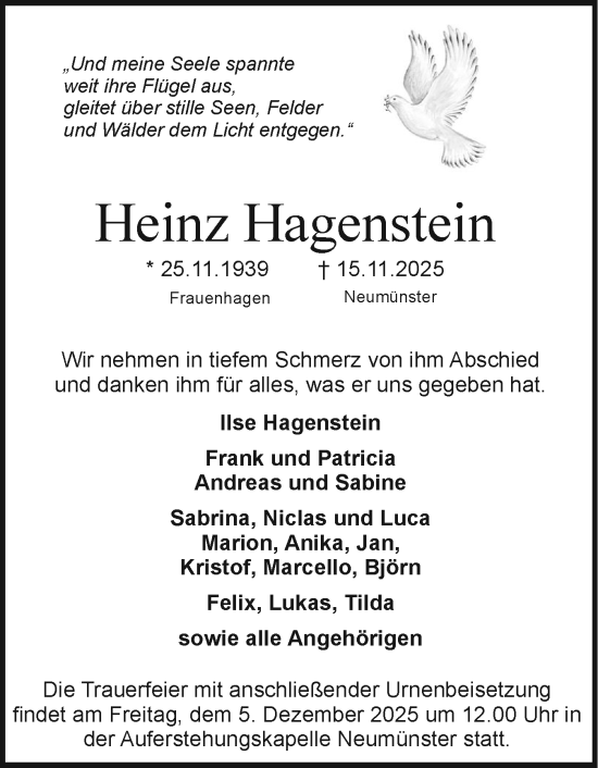 Traueranzeige von Heinz Hagenstein von Holsteinischer Courier