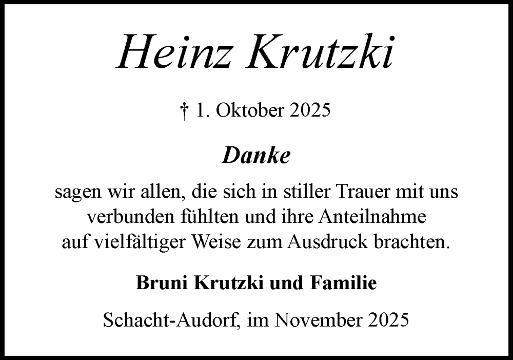  Traueranzeige für Heinz Krutzki vom 08.11.2025 aus Schleswig-Holsteinische Landeszeitung