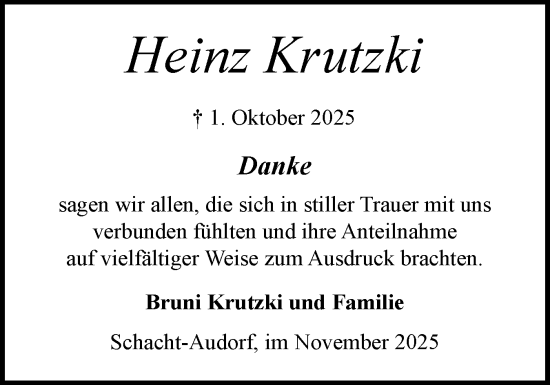 Traueranzeige von Heinz Krutzki von Schleswig-Holsteinische Landeszeitung