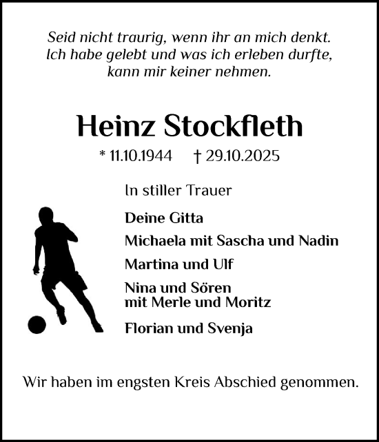 Traueranzeige von Heinz Stockfleth von Schleswiger Nachrichten, Schlei-Bote