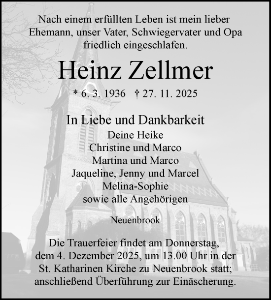 Traueranzeige von Heinz Zellmer von Norddeutsche Rundschau, Wilstersche Zeitung, Glückstädter Fortuna