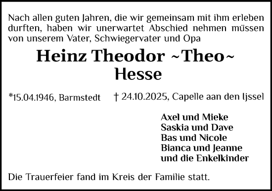 Traueranzeige von Heinz Theodor Hesse von Elmshorner Nachrichten, Barmstedter Zeitung