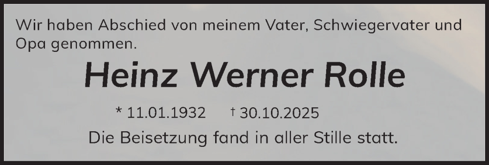  Traueranzeige für Heinz Werner Rolle vom 22.11.2025 aus Flensburger Tageblatt