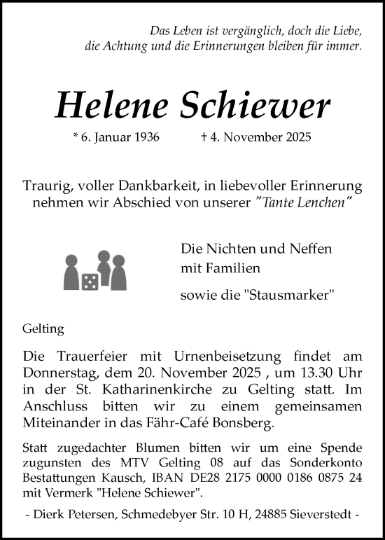 Traueranzeige von Helene Schiewer von Flensburger Tageblatt