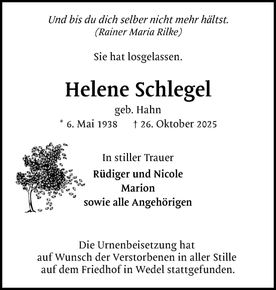 Traueranzeige von Helene Schlegel von Region Pinneberg und tip Pinneberg