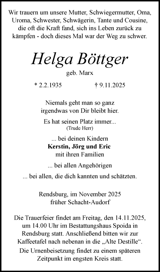 Traueranzeige von Helga Böttger von Schleswig-Holsteinische Landeszeitung