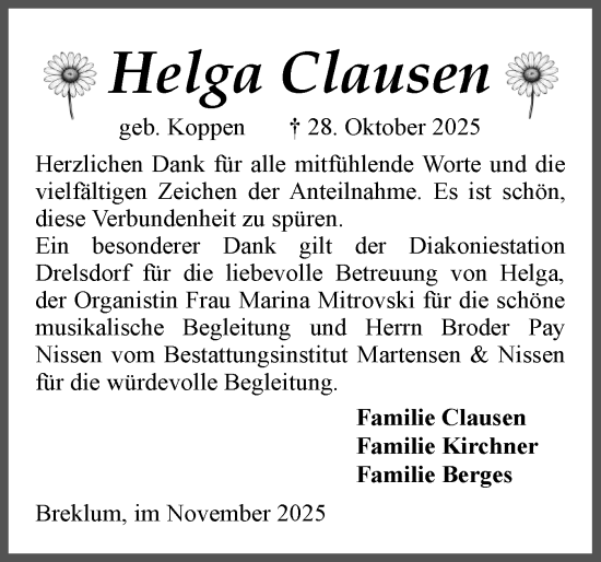Traueranzeige von Helga Clausen von Husumer Nachrichten, Nordfriesland Tageblatt