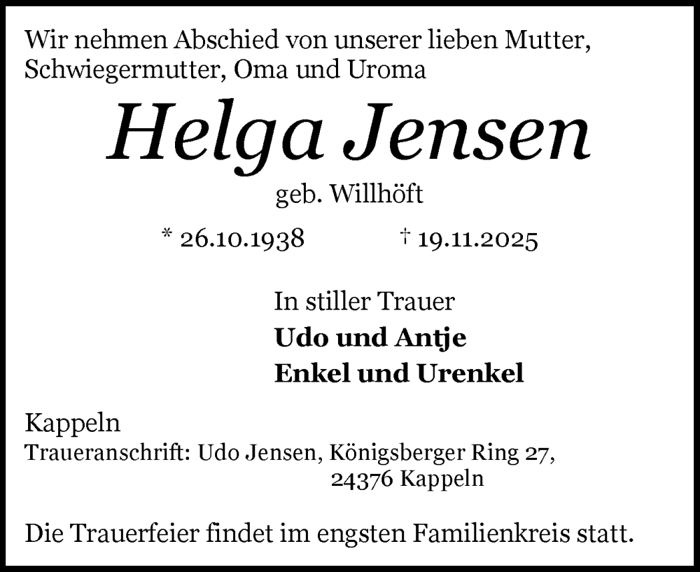  Traueranzeige für Helga Jensen vom 22.11.2025 aus Schleswiger Nachrichten, Schlei-Bote