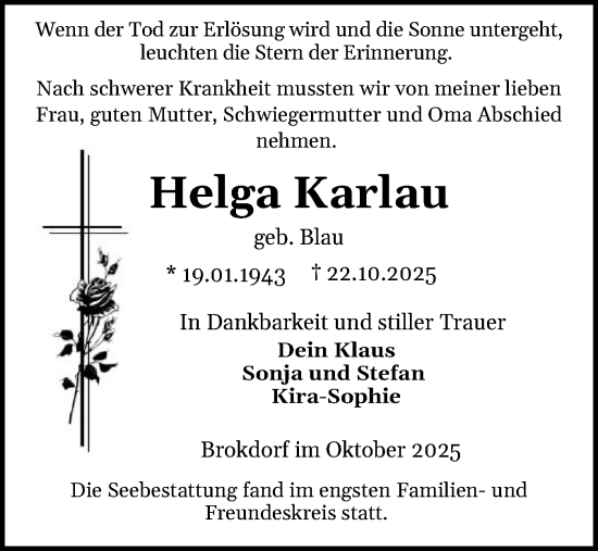 Traueranzeige von Helga Karlau von Norddeutsche Rundschau, Wilstersche Zeitung, Glückstädter Fortuna