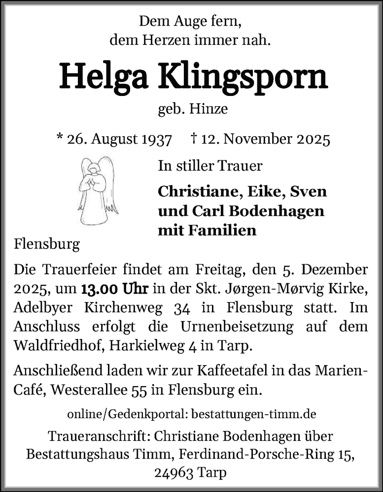  Traueranzeige für Helga Klingsporn vom 22.11.2025 aus Region Flensburg