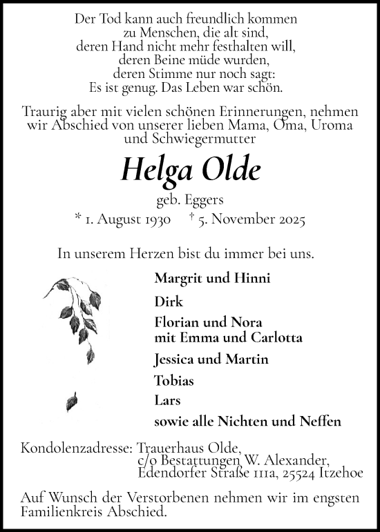 Traueranzeige von Helga Olde von Norddeutsche Rundschau, Wilstersche Zeitung, Glückstädter Fortuna