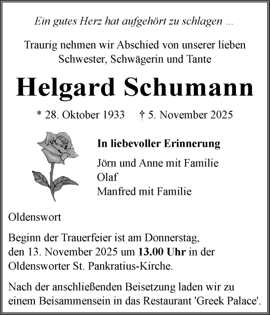 Traueranzeige von Helgard Schumann von Husumer Nachrichten, Nordfriesland Tageblatt